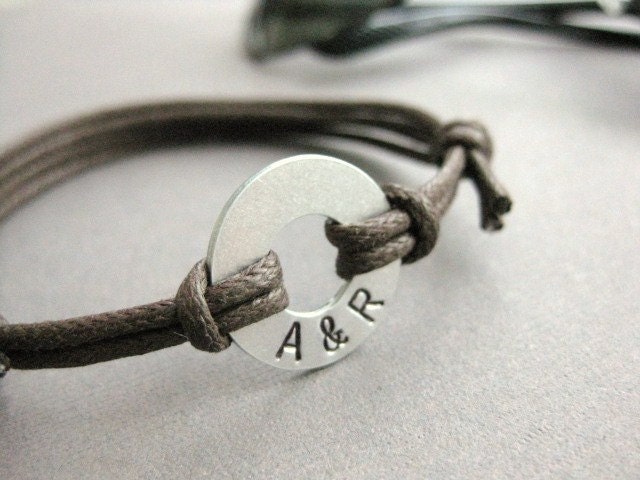 Men's Bracelet, Small Aluminum Disk with Stamped initials and adjustable BROWN cord, MB 103, matching boys bracelet available