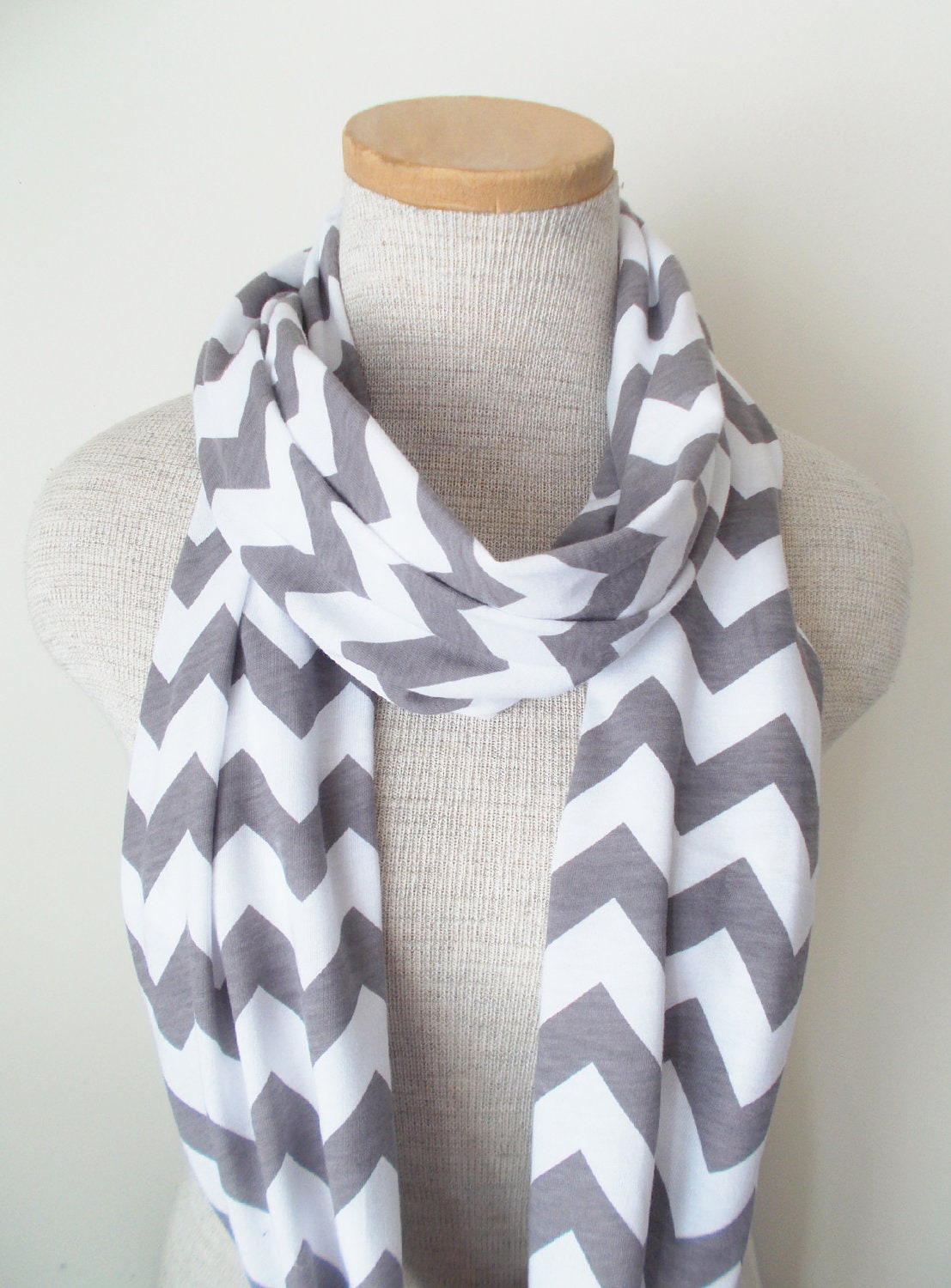 Chevron Infinity Scarf - Jersey Knit - Grey and White