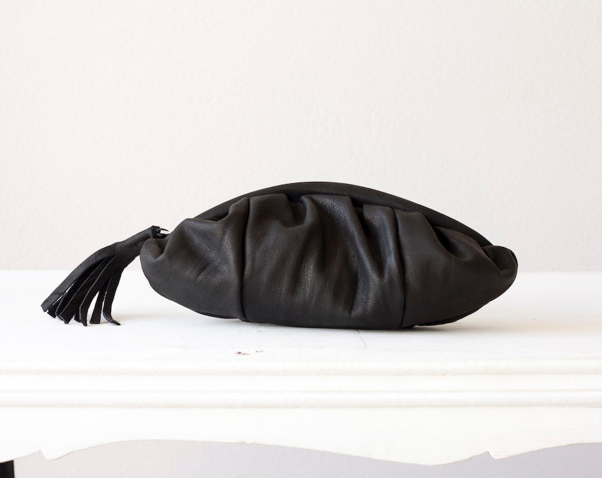 Black leather clutch, handbag with pleats  - Phaedra clutch