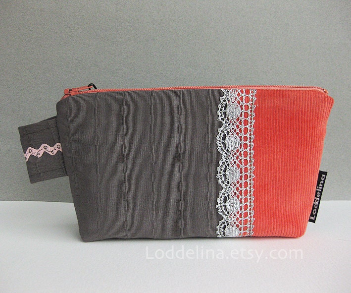 Salmon and silver gray zippered purse cosmetic pouch with ginkgo leaves and lace
