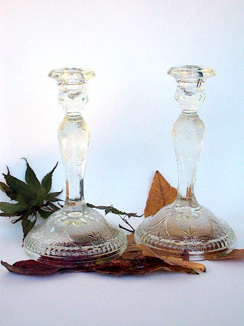 Vintage Depression Glass Candlesticks, cr. 1930s, Indiana Glass, Clear-Sandwich Pattern Discontinued RESERVE FOR Kate