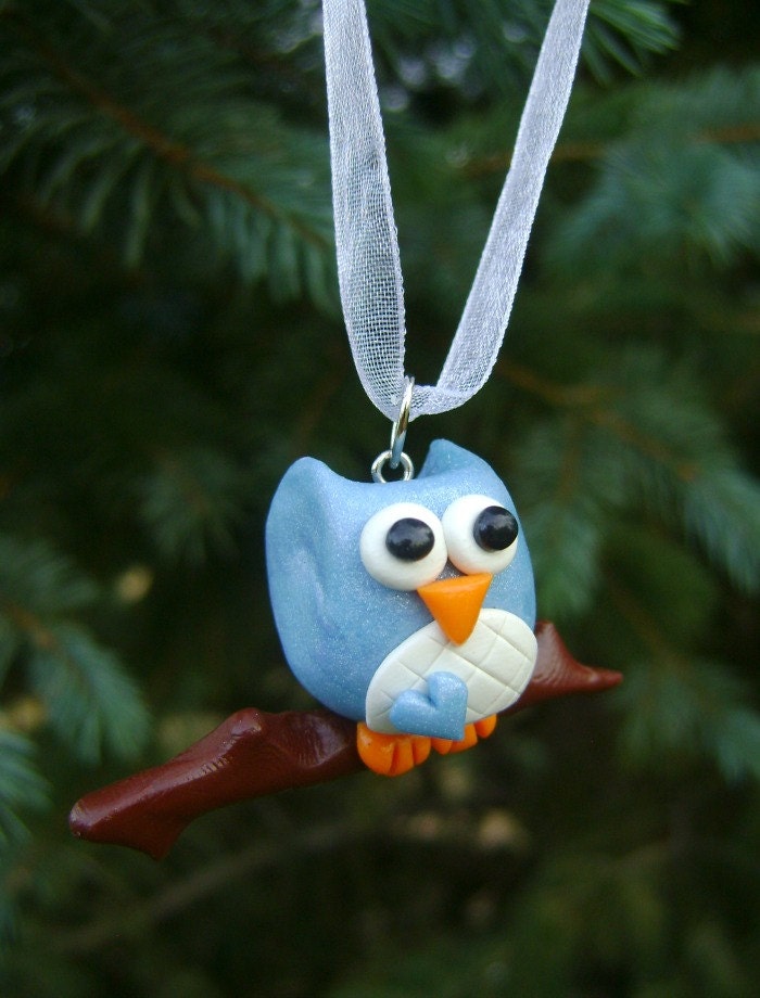 Blue Owl Christmas Ornament. Polymer Clay - Emariecreations