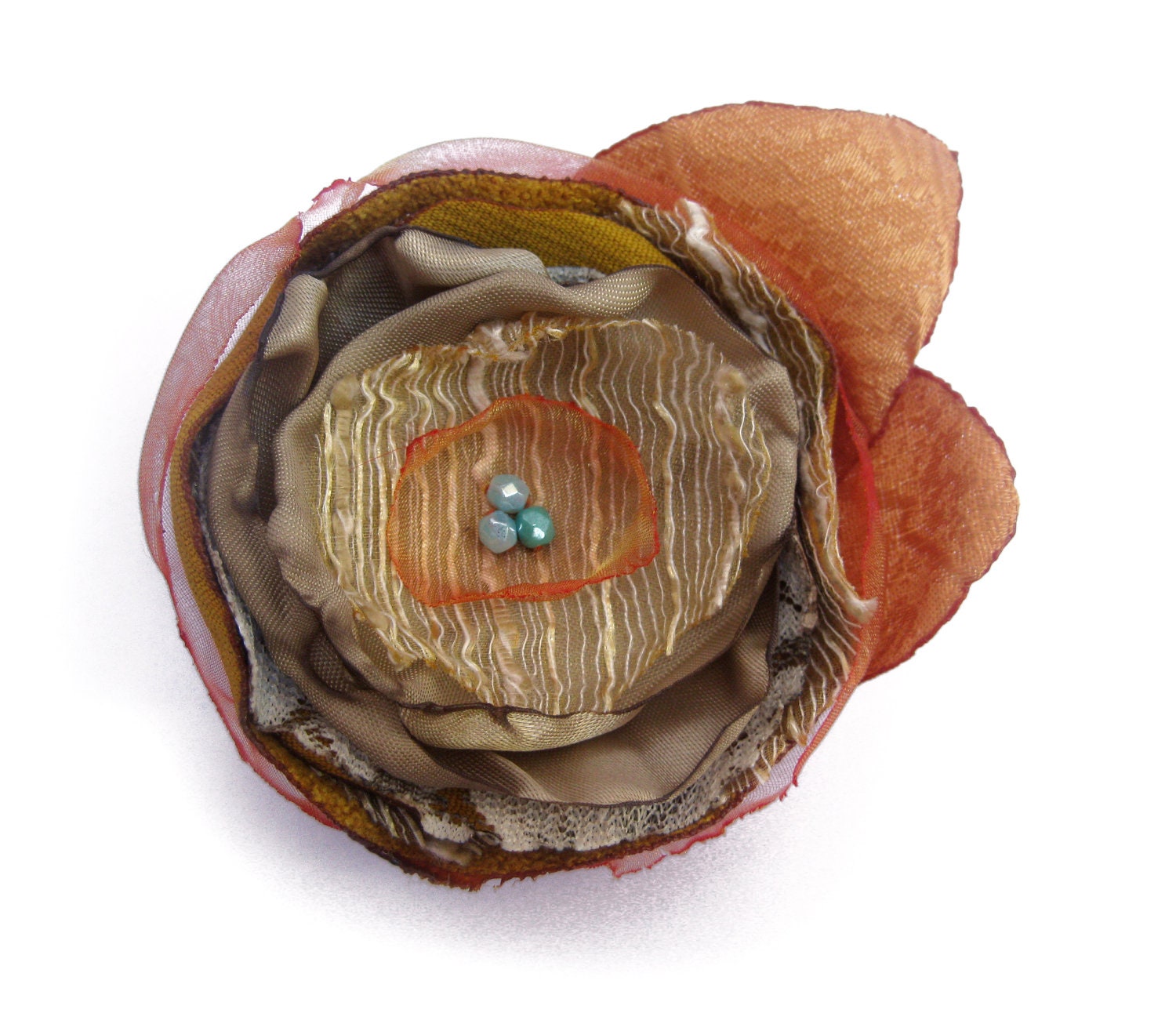 Free Shipping --- Copper and Gold ... Autumn ... Fall ... Flower Brooch ... Fabric Jewlery