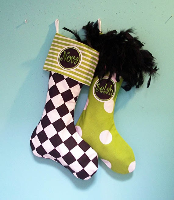 MODERN HOLIDAY STOCKINGS 2 Pack Matching Family Christmas Stockings, Design Your Own.Whimsical, Colorful, Fun Polka Dots Stripes Chevron