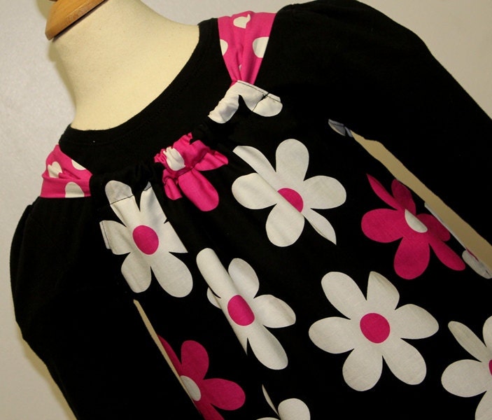 Pillowcase Dress, fuschia dots and flowers, children's wholesale clothing, Size XS 6-9 months, S 1-2 years, M 3-4, L 5-6, Xl 7-8