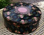 SALE - Vintage metal floral tin box, pink, rose, black, container, 1960s, 1950s, rustic, chippy, storage, supplies