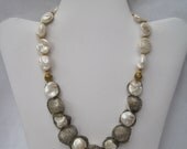 Mother-of-Pearl Beaded Necklace with Twisted Olive Green Italian Wire Lace Ribbon