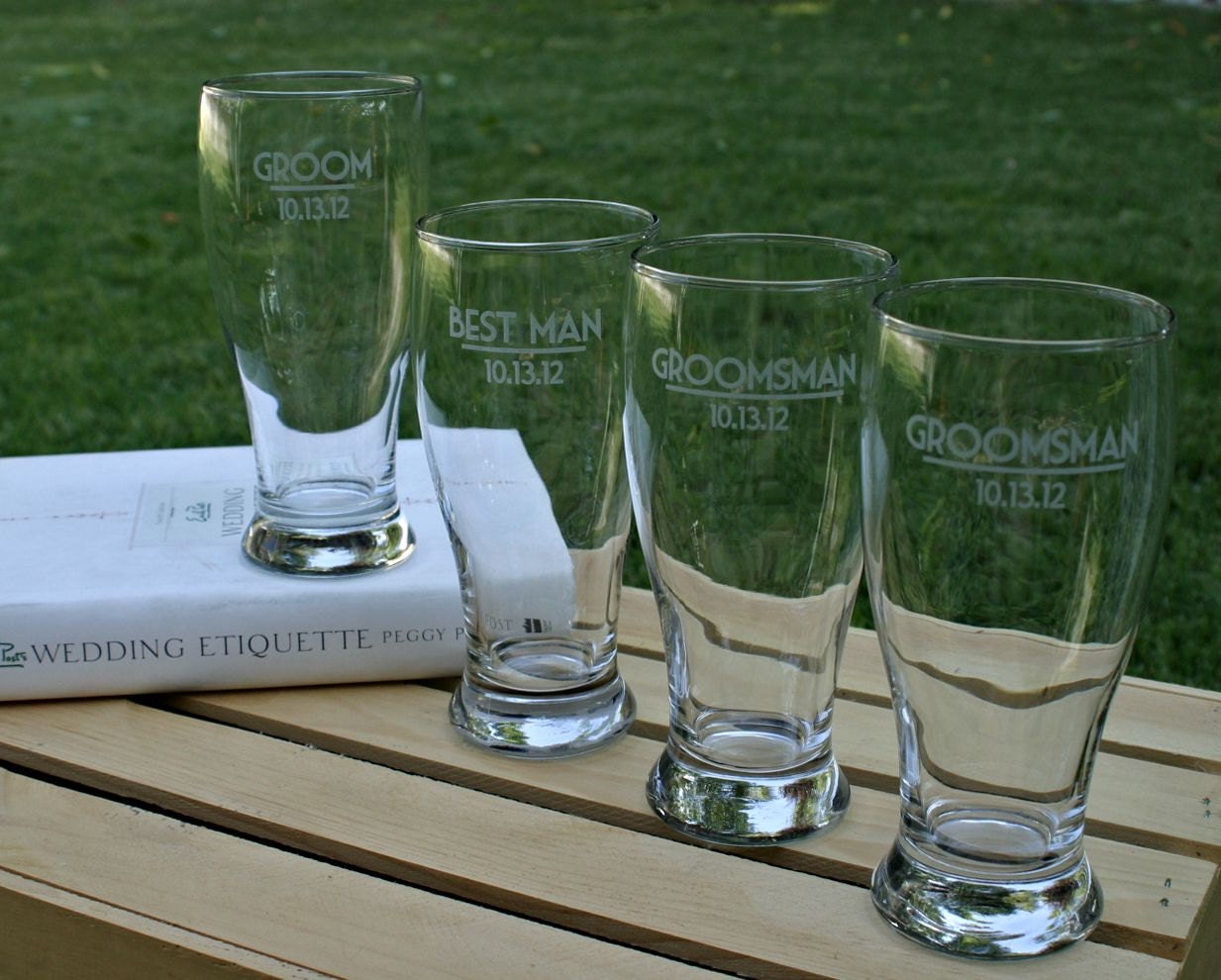 Custom Wedding Toasting Glasses, Etched Glass, Pilsner Glasses with Groomsmen Names & Your Wedding Date, home brewing, homebrew, beer