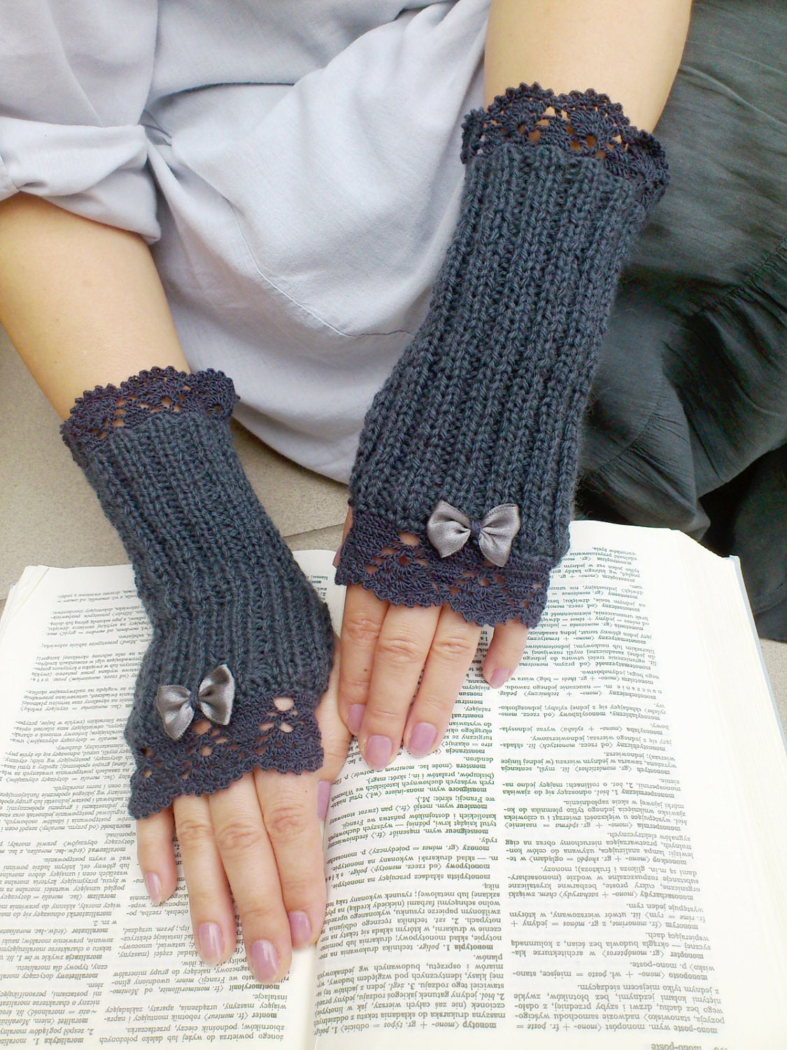 Back to school - hand knitted crocheted mittens fingerless gloves wrist warmers in graphite color with lacy edges and bows
