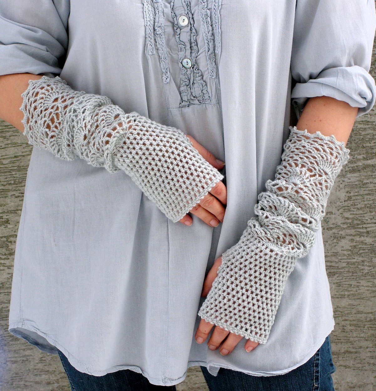 Wings of Dove - crocheted open work lacy long mittens fingerless gloves light gray color