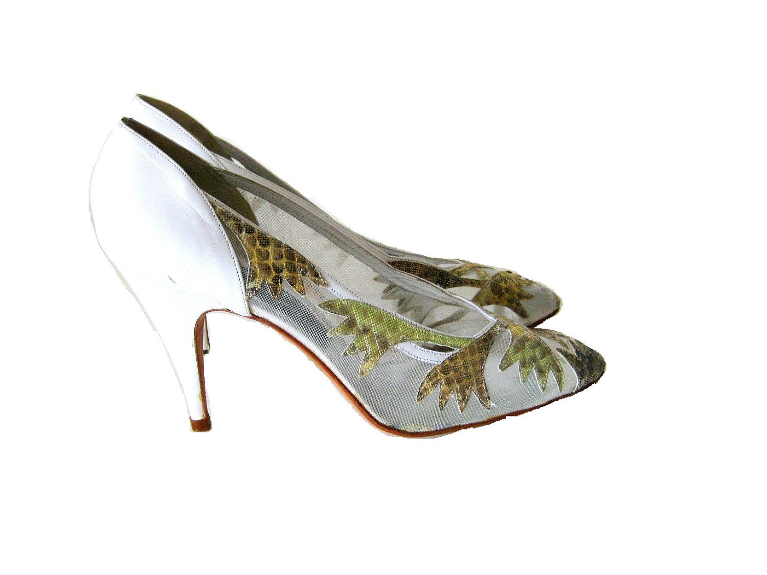 Leather Mesh Heels, White Platform Pumps with Gold Leaf Detail, 8