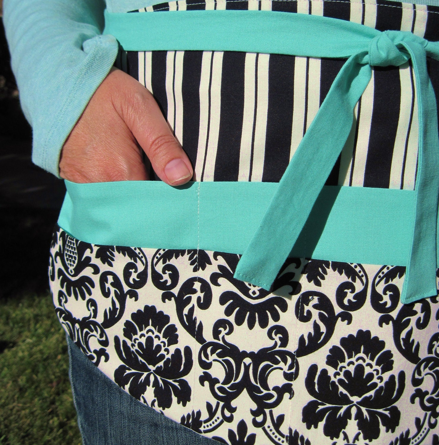 Utility Apron - Tiffanys Turquoise and Damask Half Apron with Pockets - Teacher Vendor Craft Hairdresser Half Apron