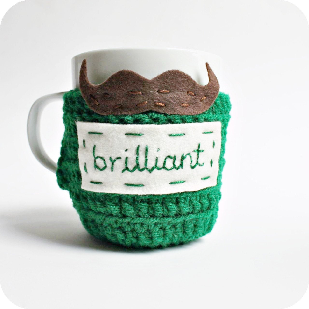 Brilliant Mustache funny coffee cozy mug cozy tea cup green brown crochet handmade cover