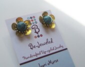 Turquoise Blossom Post Earrings - Vintage Brass Flower and Turquoise Post Earrings - Mother's Day Gift