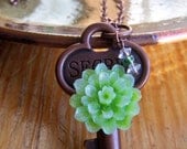 Antique Copper Romantic Secret Key Necklace, Green Flower Key Necklace, Sentiment Key