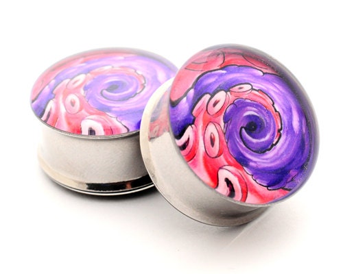 Octopus Tentacle Picture Plugs gauges - 2g, 0g, 00g, 7/16, 1/2, 9/16, 5/8, 3/4, 7/8, 1 inch