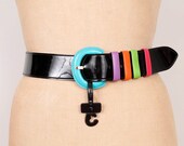1980s Wide Belt / Dead Stock Black Patent Faux Leather & Colorblocked Leather - Womens L / XL - Teal Turquoise Orange Purple Raspberry Gree