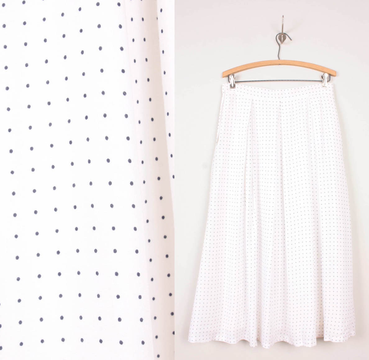 1980s Pleated Midi Skirt / Cream / Off White & Navy Blue Polka Dot Print Rayon - Womens M / L - High Waisted Long Flowy Polka Dots 80s Skir