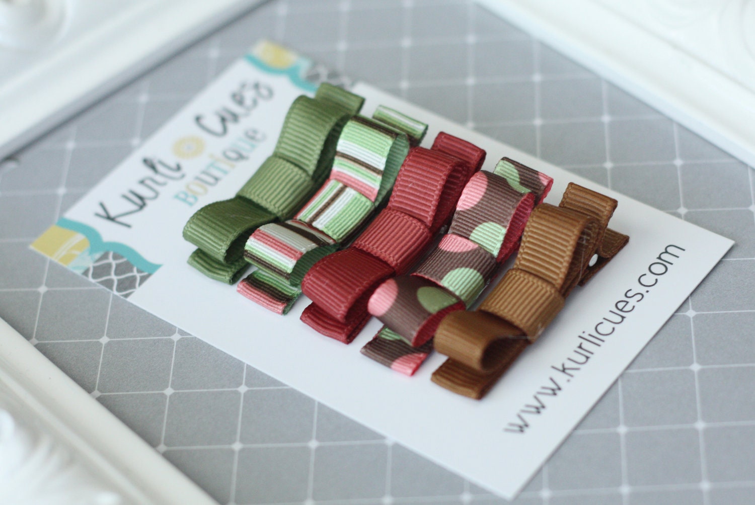Itty Bitty Baby Boutique Tuxedo Hair Bow Clippie Set of 5 - Pink Green Brown (Snap Clips Available)