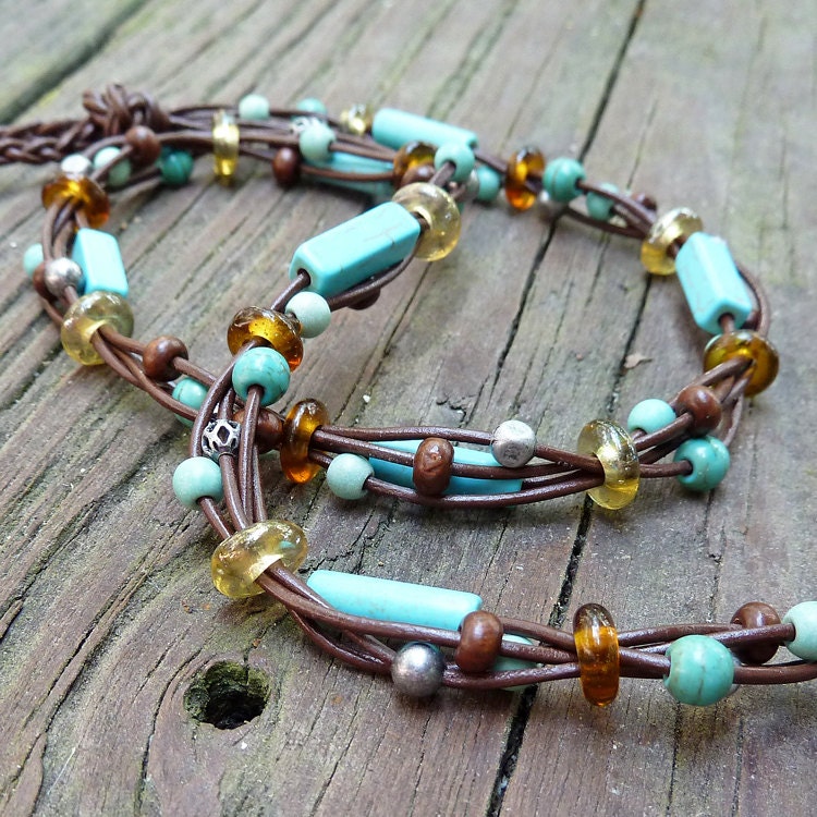 Turquoise Choker - Turquoise Beads, Howlite Beads, Brown Leather Necklace, Multi Strand Necklace