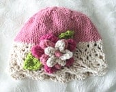 Hand Knitted Baby Hat-Ivory Lace- All Weather Baby Hat - Cotton knitted baby cloche-Children Clothing-Baby Girl Clothing - PRETTY IN PINK