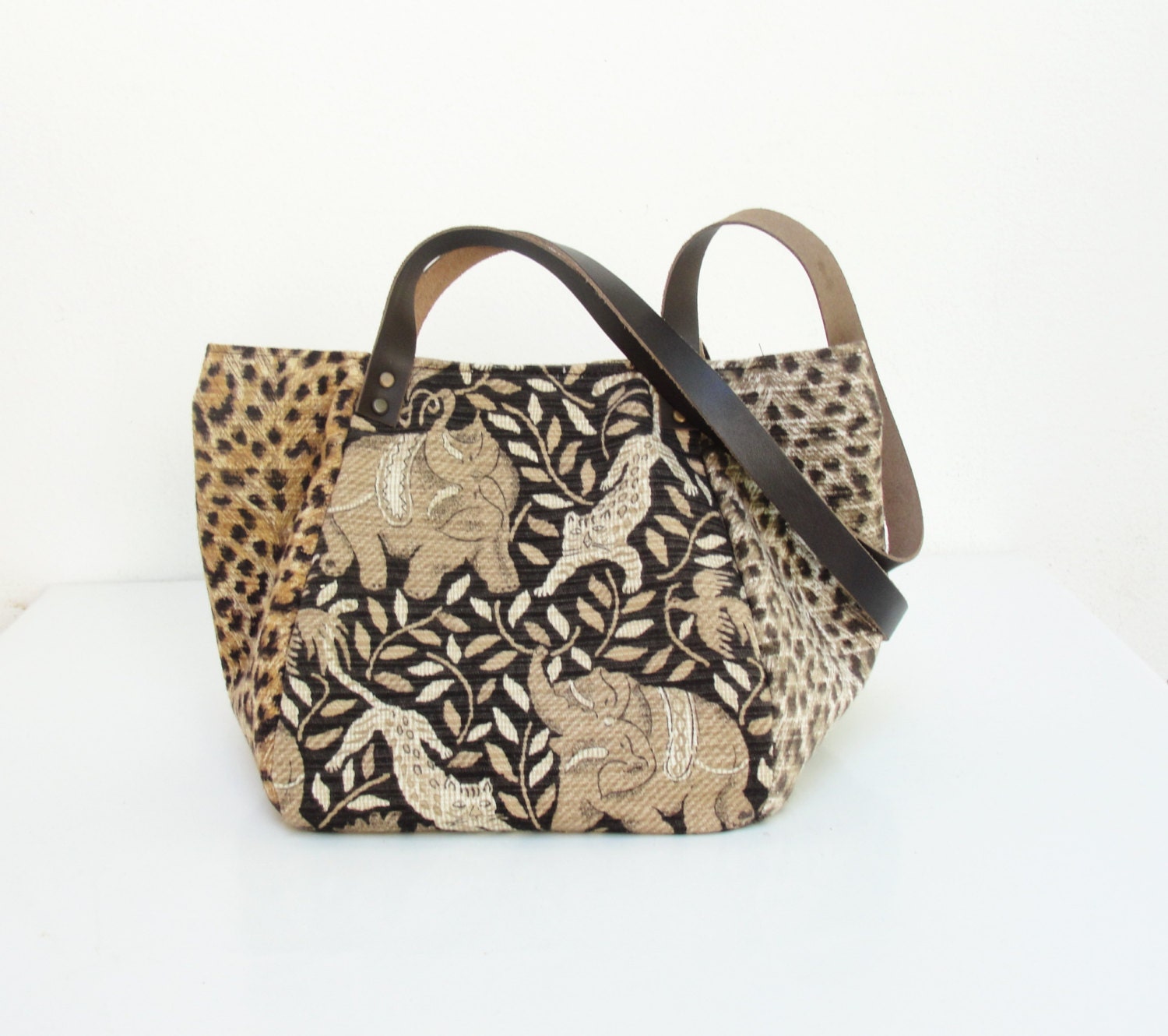 Leopard and Elephant Bag - Cotton and Leather - Out of Africa