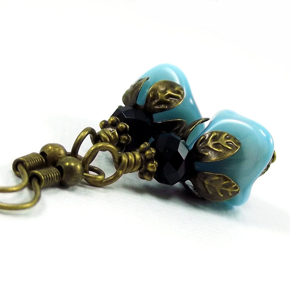 Vintage Style -Handmade Earrings -Blue Czech Glass Tulips
