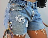 UPCYCLED Denim SHORTS / Side Lace Up Levi cutoff shorts / destroyed frayed & custom patched denim cutoffs Size 30 Waist