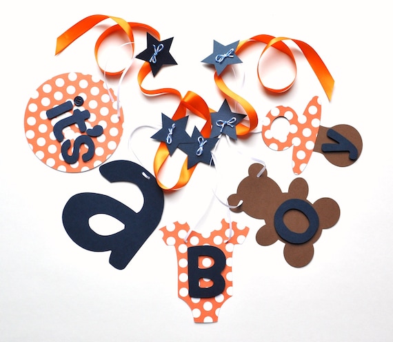 Baby shower banners decorations orange and navy blue it's a boy banner by ParkersPrints on Etsy Il_570xn