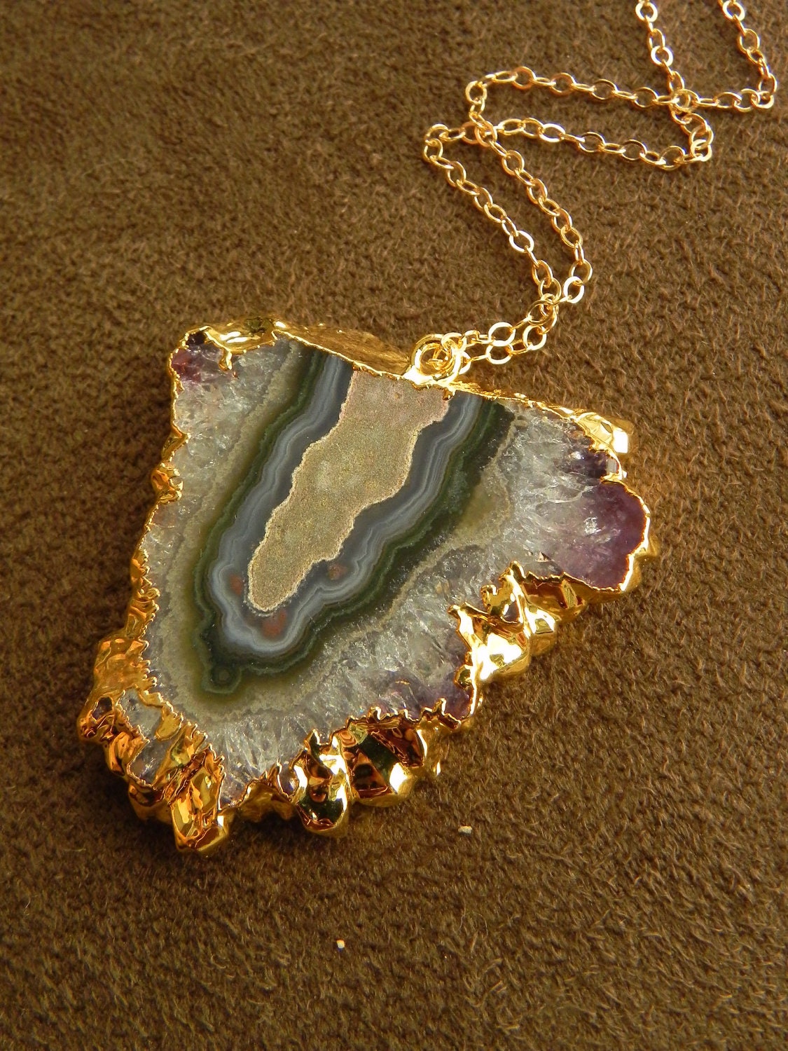 Beautiful Amethyst Half Stalactite Slice and Gold Fill Pendant Necklace