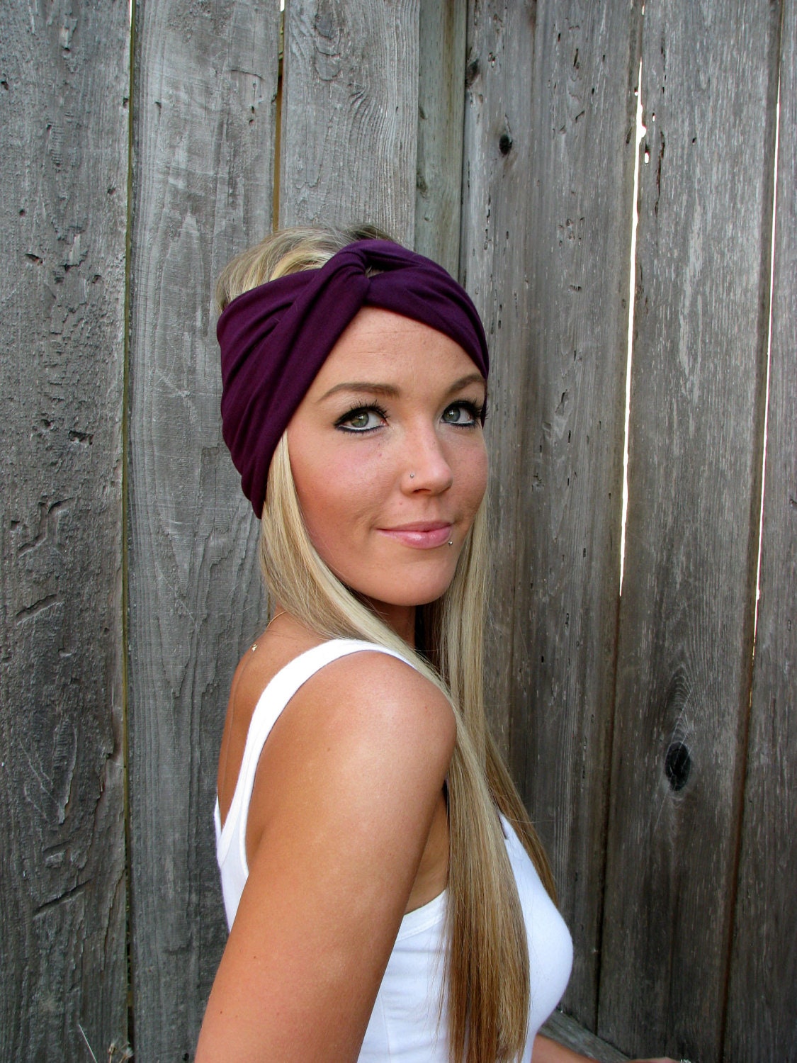 Vintage Turban Style Stretch Jersey Knit Headband in Plum - Multi Ways to Wear