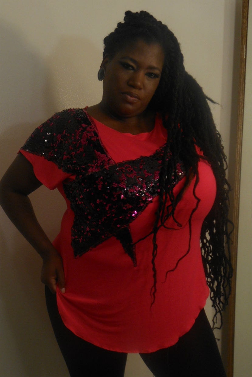 Sha Sha - Posh N Petals Knit Fuschia Pink with Black and Pink Sequin  Embellished Blouse XL - 1 X  - 2X Plus Size