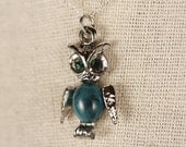 Small Vintage Blue and Green Owl Necklace, Little Bird Pendant, Sterling Silver Chain, Green Eyes, Turquoise Jelly Belly Jewelry