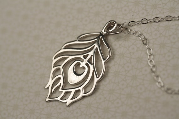 Small Peacock Feather Silhouette Necklace, Sterling Silver Pendant, Small Charm Jewelry, Bird Feather Fashion