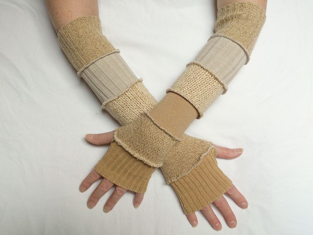 Beige Fingerless Arm Warmers Mittens Gloves Upcycled Sweaters Arm Warmers Eco Friendly Funky Style Winter Fashion Upcycled Clothing