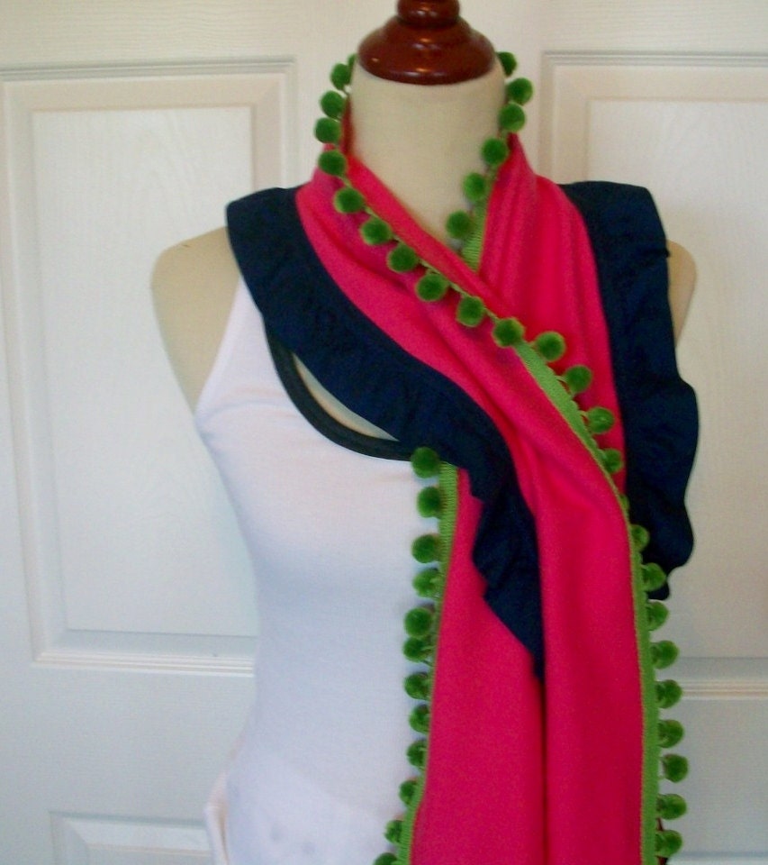 Ruffle Scarf in Pink with Lime Green Pom Poms and Navy Ruffle