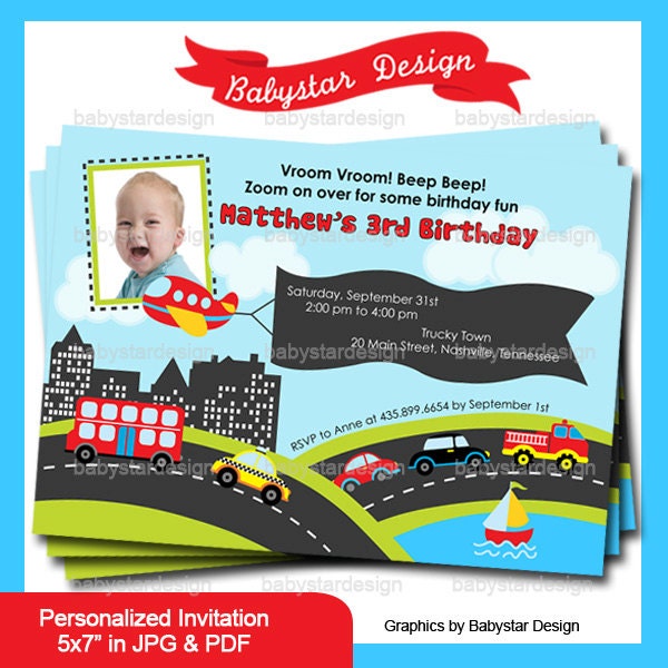 Airplane Bus and Car Birthday Invitation