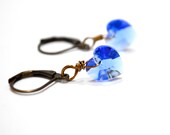 Blue Heart Earrings, Sapphire Swarovski Hearts September Birthday Cobalt Minimalist Jewelry Fashion, Antiqued Brass Dangle Earrings