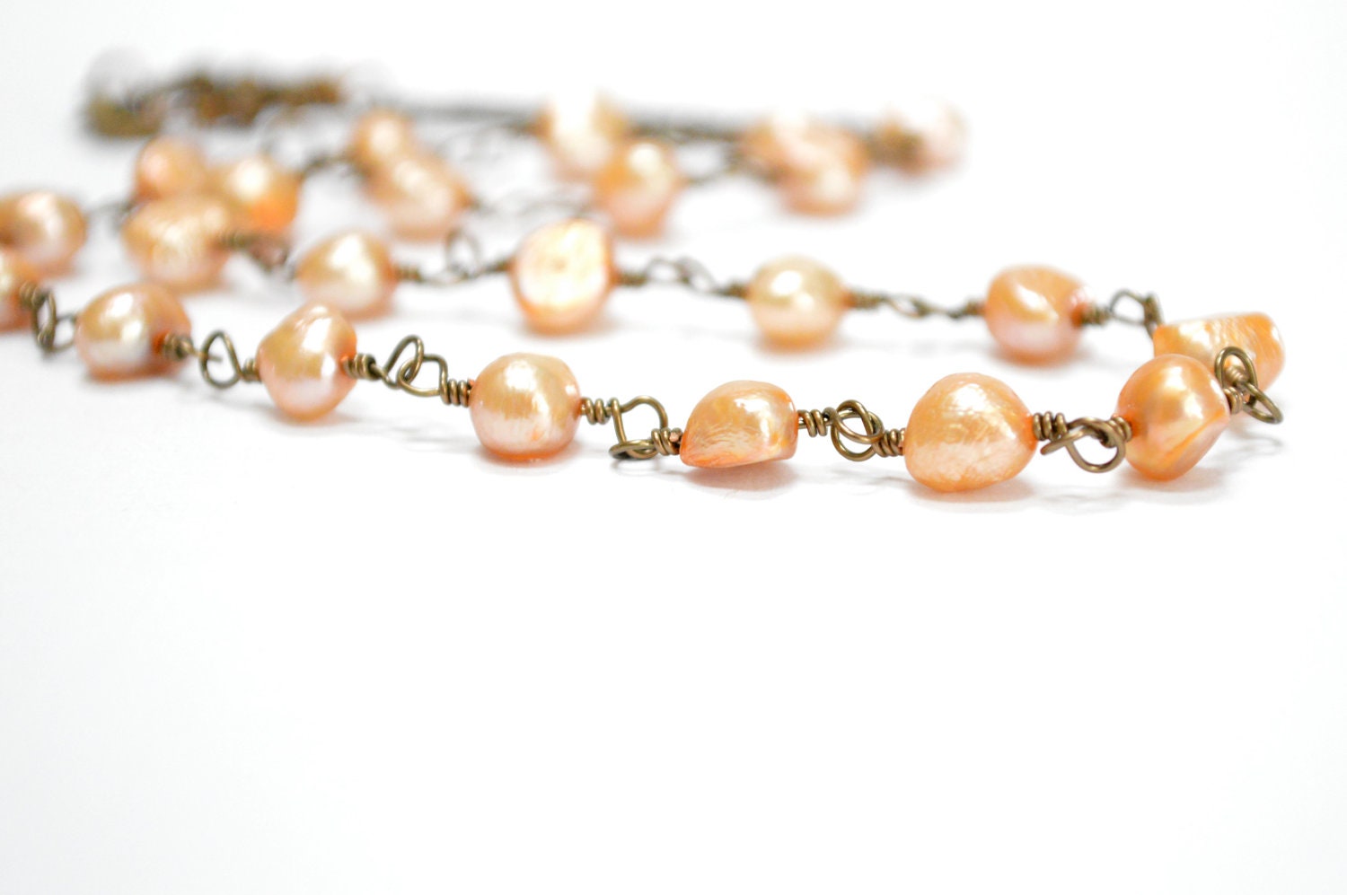 Tan Pearl Necklace, Antiqued Brass, Wire Wrapped, Cream Pearls, Khaki Pearl Necklace, Fall Fashion, Gift Under 25 - Simple