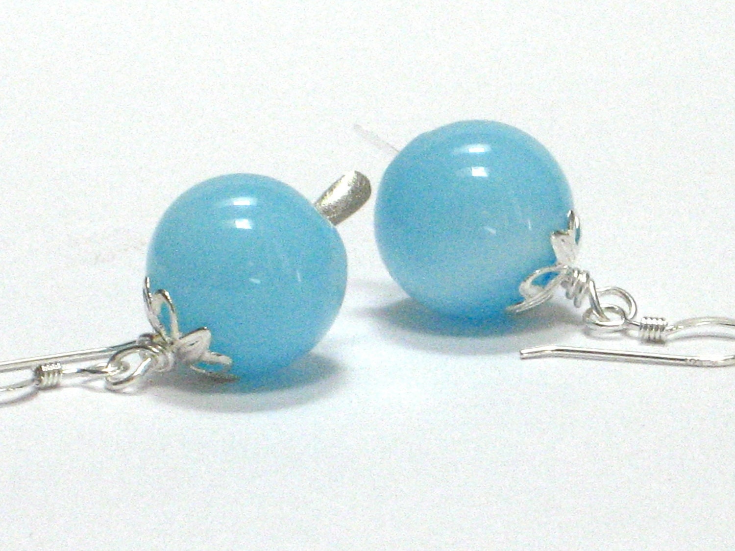 Blue Earrings, Pastel Blue Hand Blown Glass Baby Blue Ocean Sterling Silver Dangle Earrings Summer Fashion Under 25- Sea View
