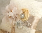 Ring Bearer Pillow - Bridal Pillow in Ivory and Champagne with Lace, Handmade Flowers and Jewels Vintage Inspired