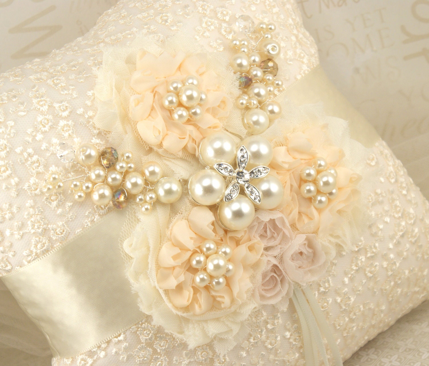 Bridal Ring Pillow in Ivory and Peach with Chiffon Flowers, Pearls, Crystals and Jewels