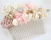 Bridal Hair Comb Fascinator in Blush Pink, Champagne and Ivory with Handmade Satin Flowers, Jewels, Crystals and Czech Pearls