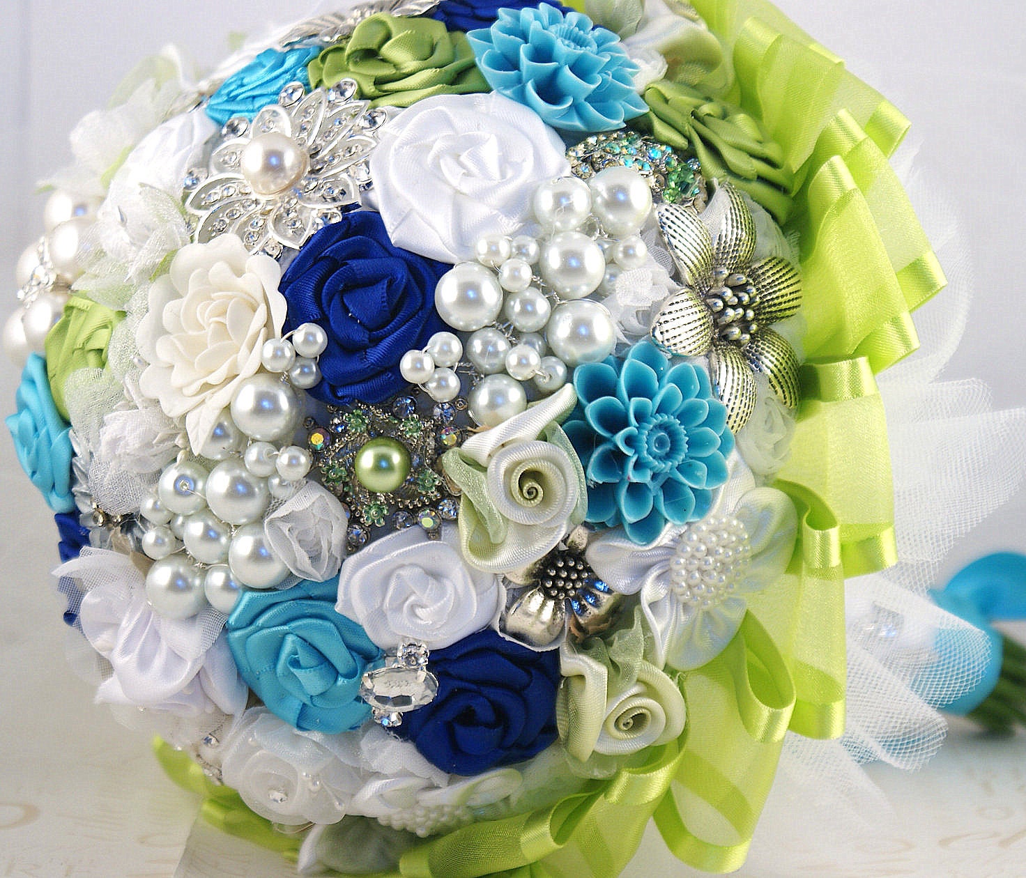 Brooch Bouquet Bridal Bouquet in Turquoise, Lime Green, Blue and White