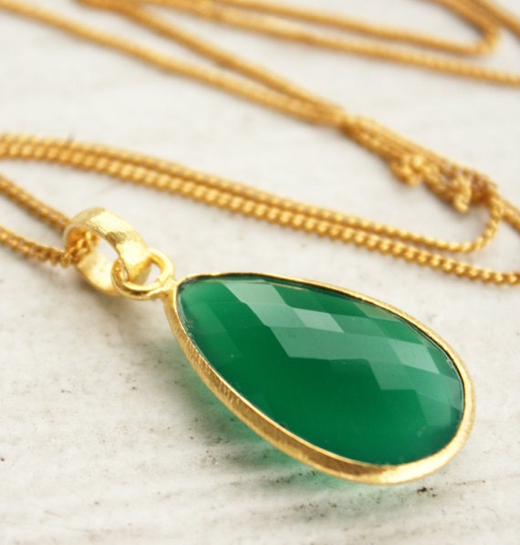 Green Onyx Teardrop Earrings - Emerald Green - Glowing Green