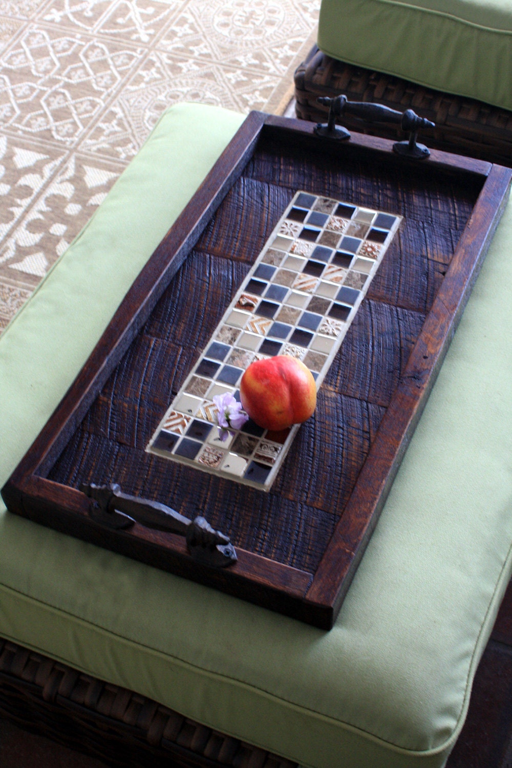 Serving Tray, Mosaic Centerpiece, Reclaimed Wood, Rustic Contemporary, Dark Brown Finish, 13 x 24 - Handmade