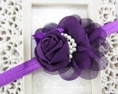 Purple Flower Headband - Plum Chiffon Rose Flower w/ Pearls Purple Headband or Hair Clip - The Audrey - Baby Toddler Child Girls Headband