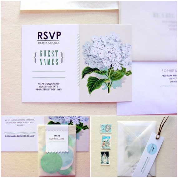 Wedding stationery set, pale blue,white flowers,Hudson design, 25 suites