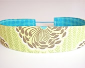 READY to SHIP Handmade Reversible Soft "WIDE" Headband - Lime and Stone Floral with Turquoise Dots