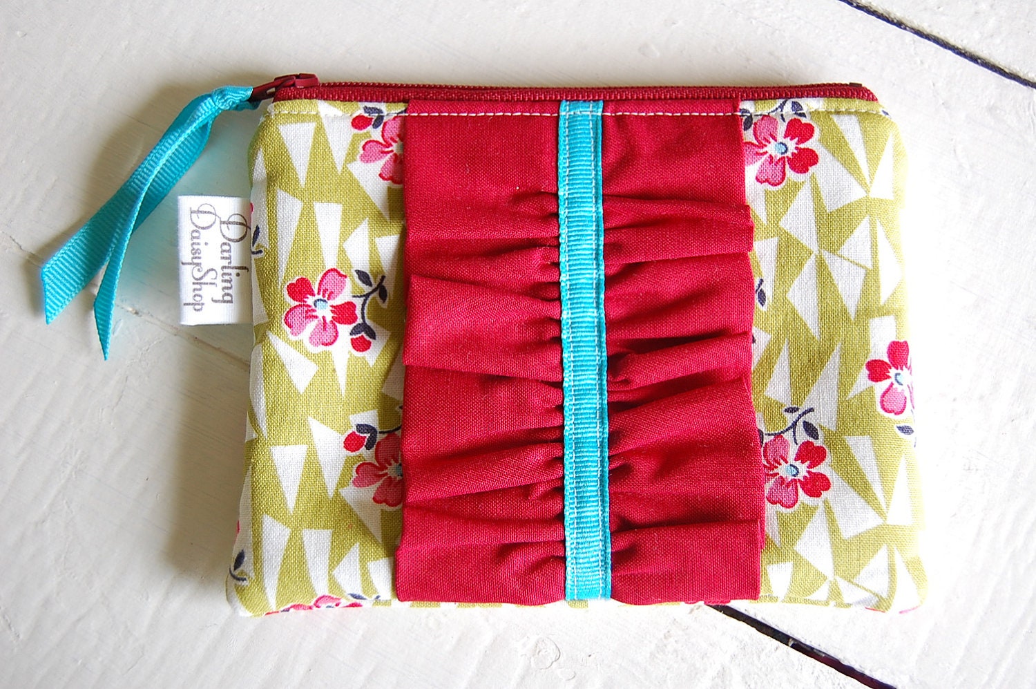 Handmade Ruffled Small Zip Pouch -  Itty Bitty Red and Green Floral with a Red Ruffle READY TO SHIP